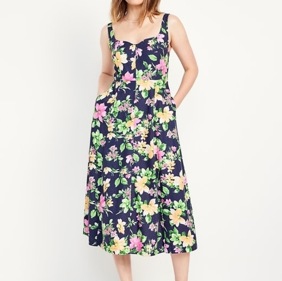 Old Navy Dresses & Skirts - Old Navy Fit & Flare Linen-Blend Midi Dress Navy Blue Floral